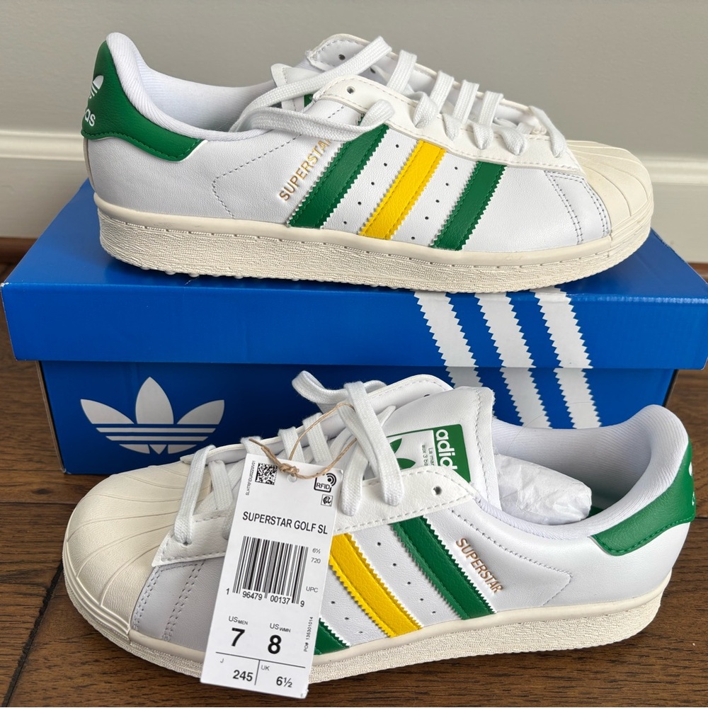 Adidas Superstar Golf Shoes - White, Green, Yellow Size: M7/W8